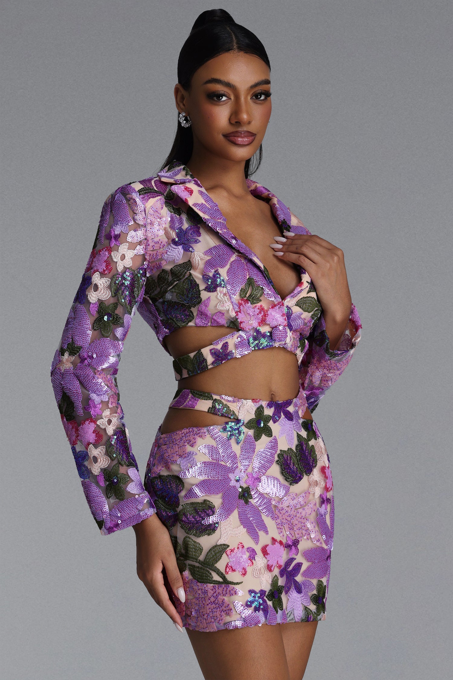 Yarera Romantic Tailored Sequin Floral Blazer and Skirt Set	