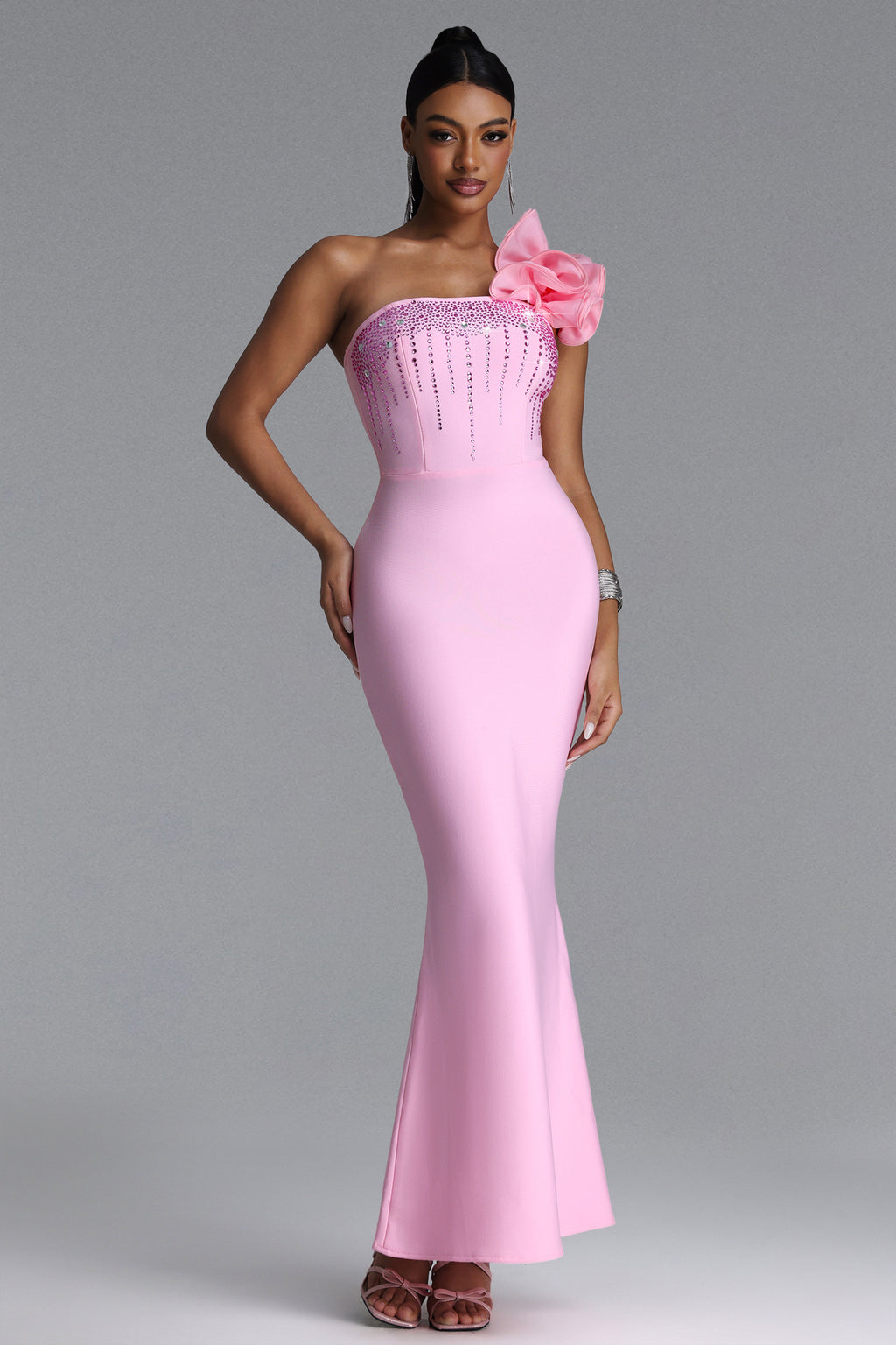Saslim Romantic Contour One Shoulder Crystal Bandage Maxi Dress	