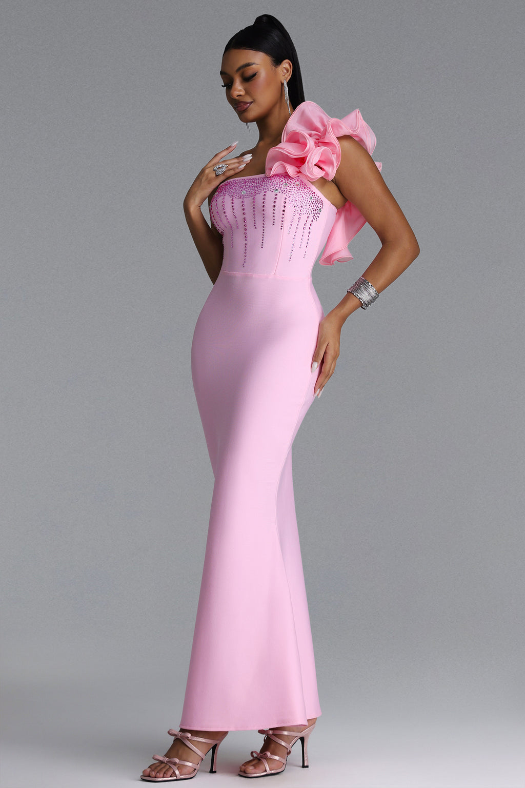 Saslim Romantic Contour One Shoulder Crystal Bandage Maxi Dress	