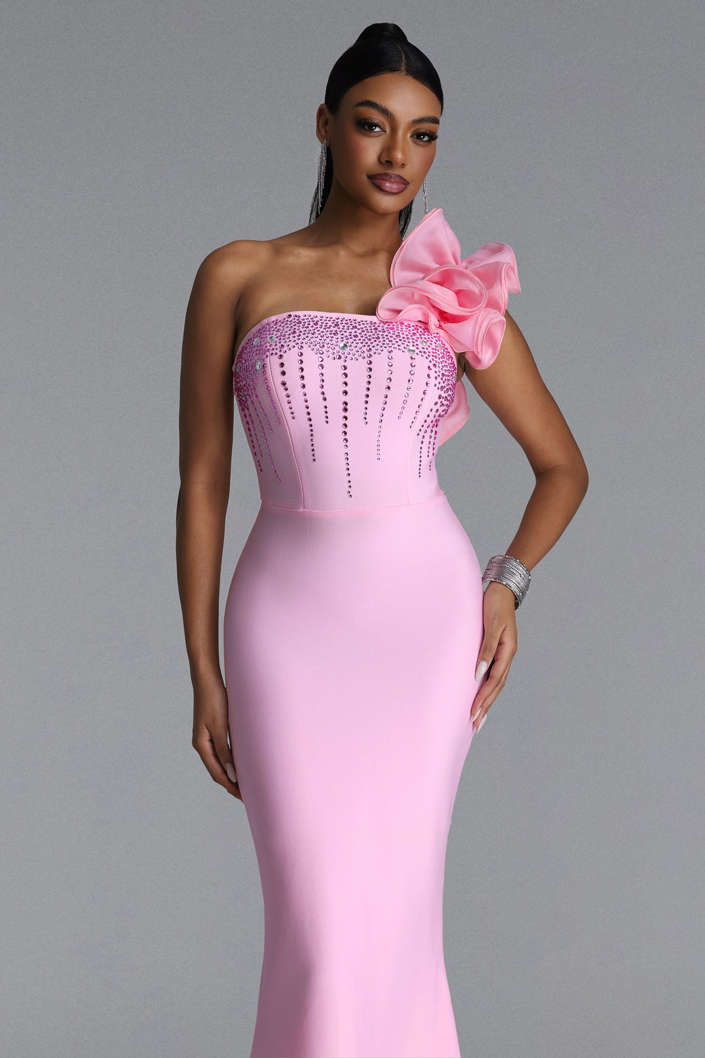 Saslim Romantic Contour One Shoulder Crystal Bandage Maxi Dress	
