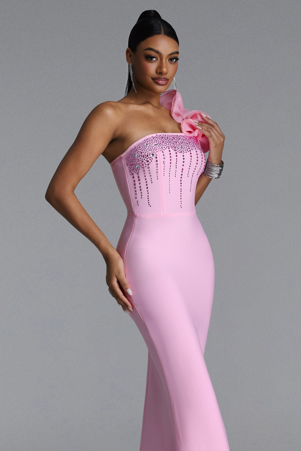 Saslim Romantic Contour One Shoulder Crystal Bandage Maxi Dress	