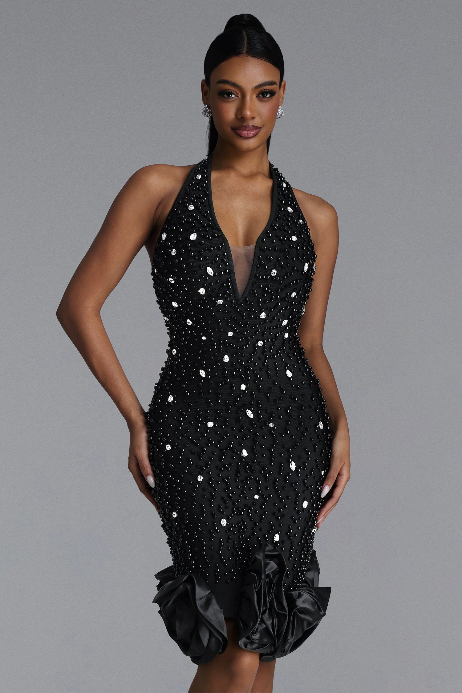 Dolo Chic Contour Halter Deep V Beaded Rhinestone Floral Bandage Midi Dress	