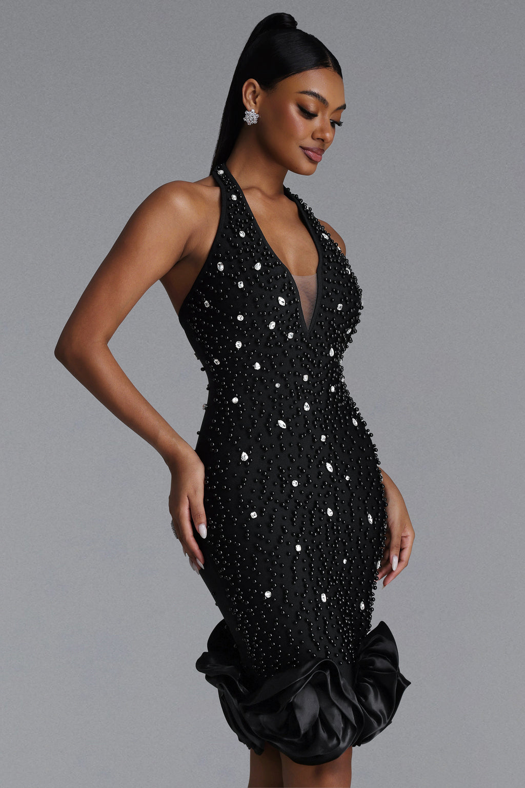 Dolo Chic Contour Halter Deep V Beaded Rhinestone Floral Bandage Midi Dress	