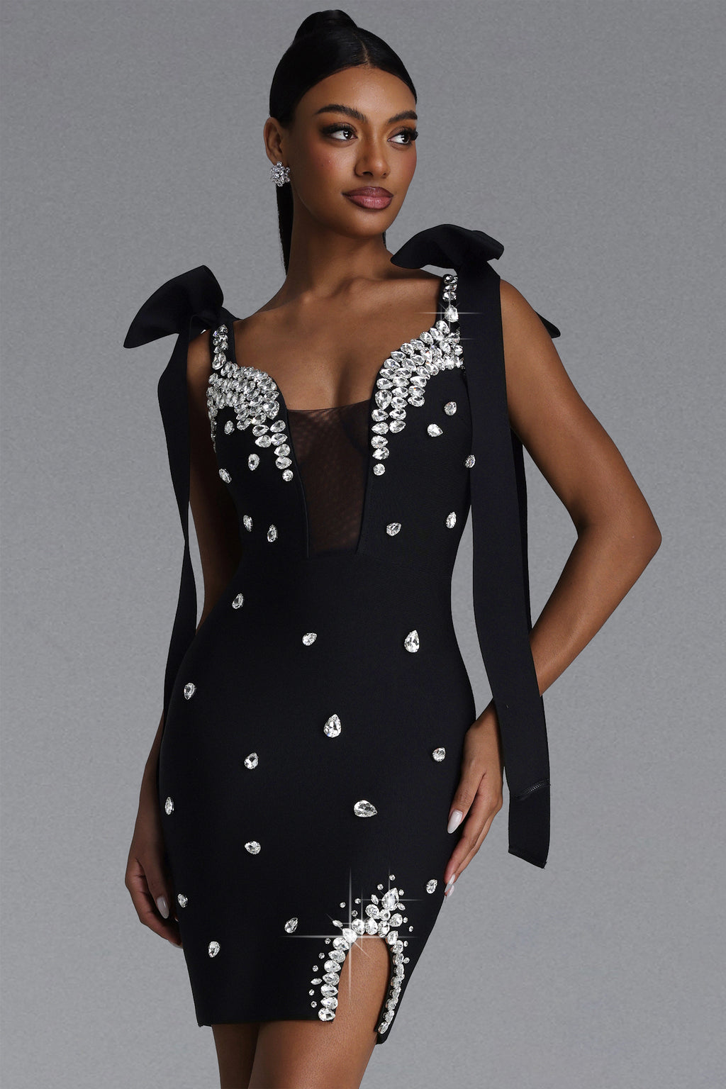 Zatte Sexy Contour Bow Strap Rhinestone Bandage Black Mini Dress	