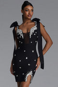 Zatte Sexy Contour Bow Strap Rhinestone Bandage Black Mini Dress	