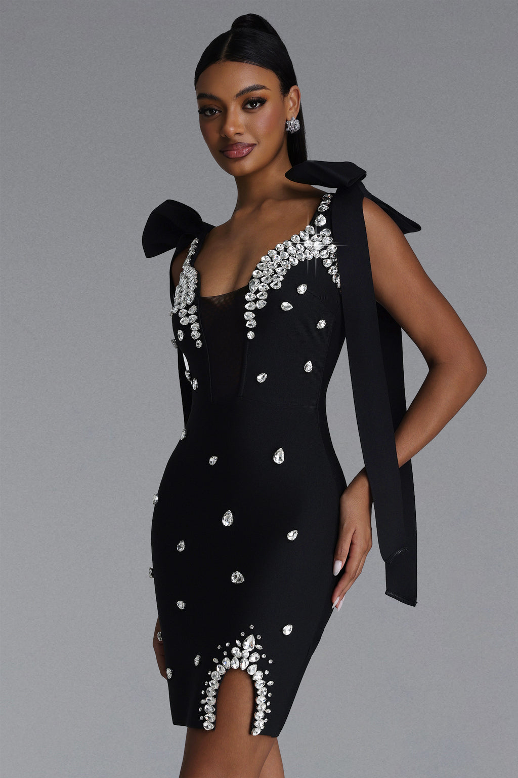 Zatte Sexy Contour Bow Strap Rhinestone Bandage Black Mini Dress	