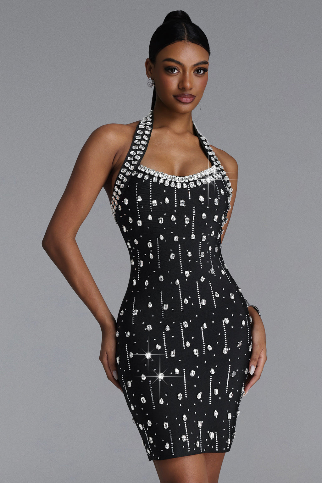 Manik Glamorous Contour Halter Rhinestone Bandage Black Mini Dress	