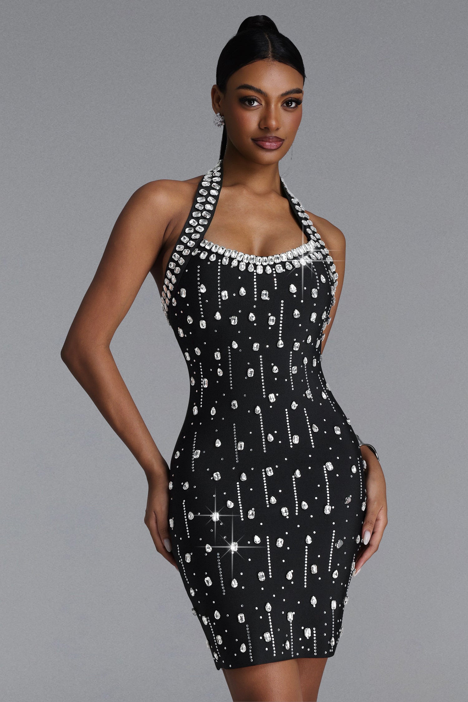 Manik Glamorous Contour Halter Rhinestone Bandage Black Mini Dress	