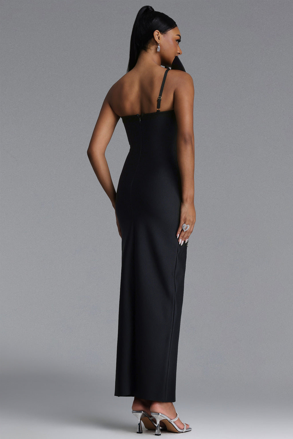 Ohney Chic Contour Strapless Asymmetric Rhinestone Black Bandage Maxi Dress	