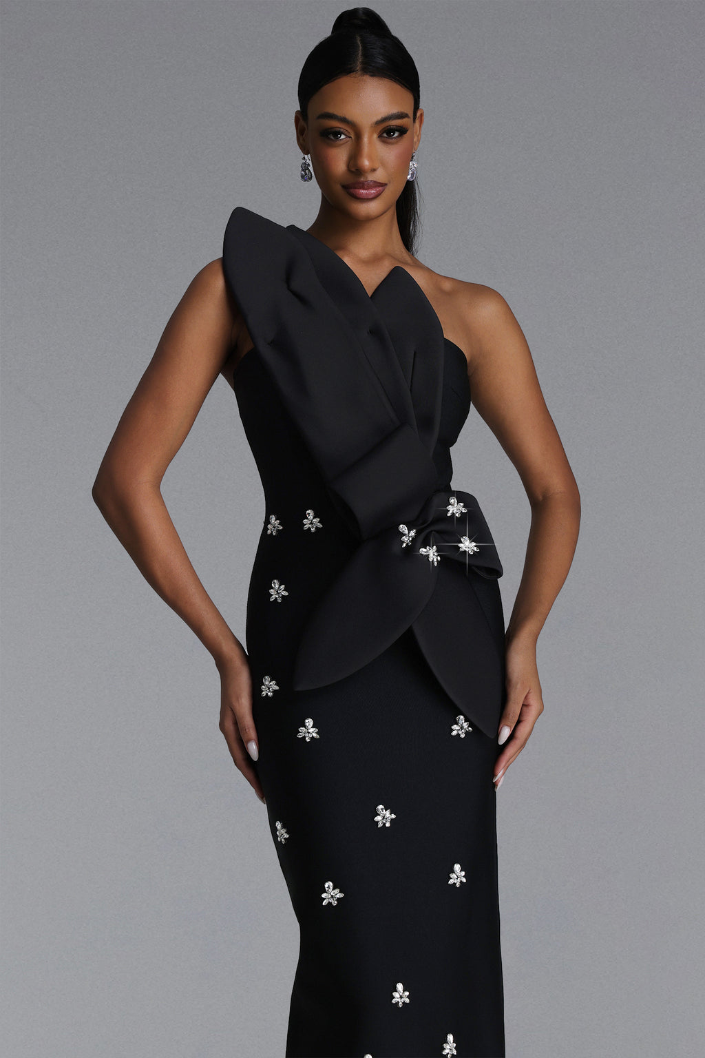 Ohney Chic Contour Strapless Asymmetric Rhinestone Black Bandage Maxi Dress	