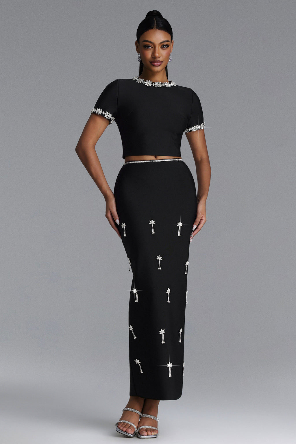 Lula Classic Contour Short Sleeve Rhinestone Bandage Maxi Dress	