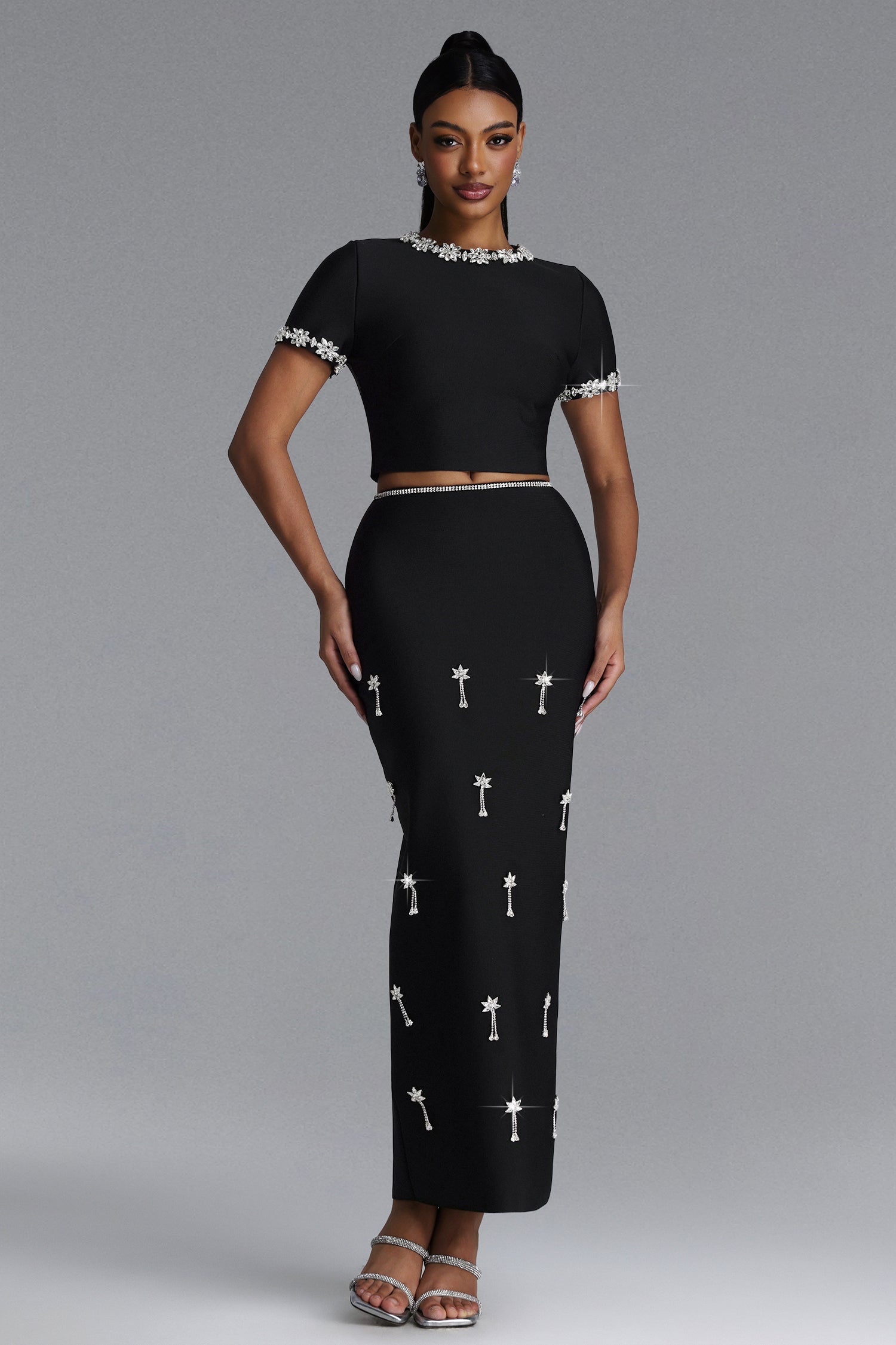 Lula Classic Contour Short Sleeve Rhinestone Bandage Maxi Dress	