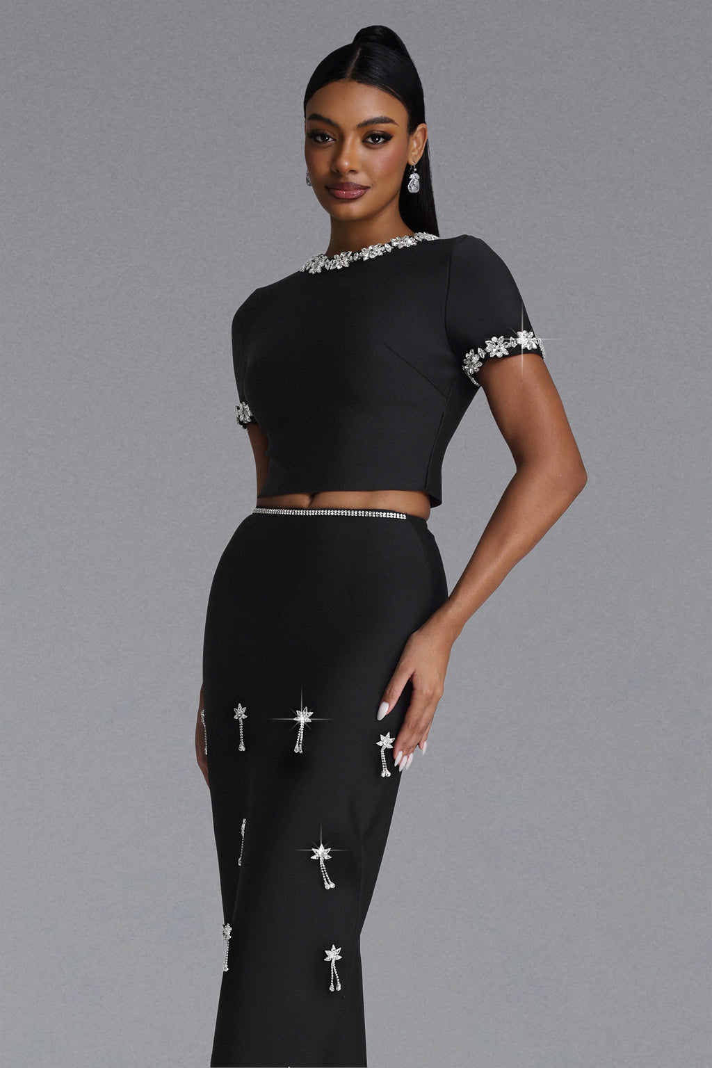 Lula Classic Contour Short Sleeve Rhinestone Bandage Maxi Dress	