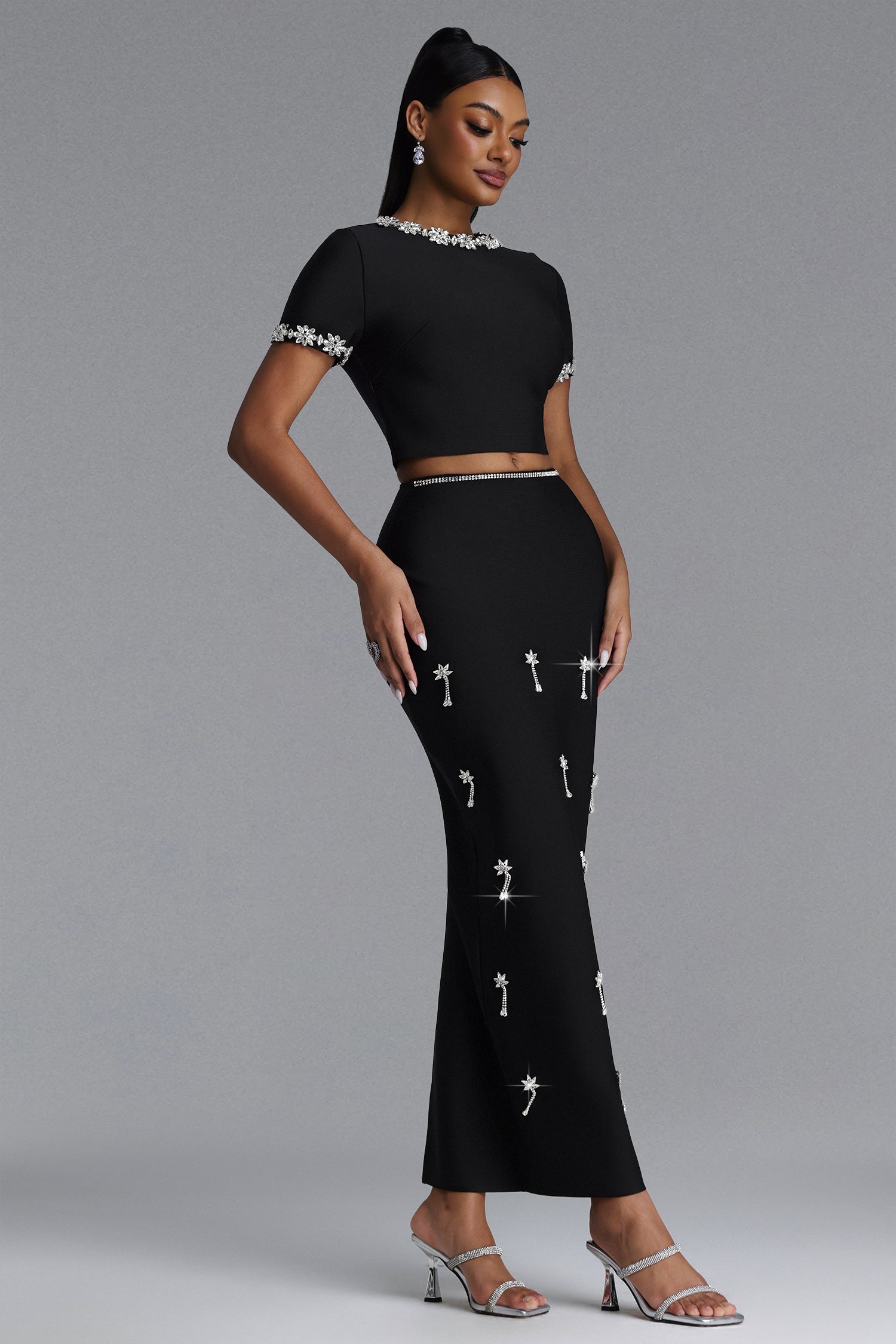 Lula Classic Contour Short Sleeve Rhinestone Bandage Maxi Dress	