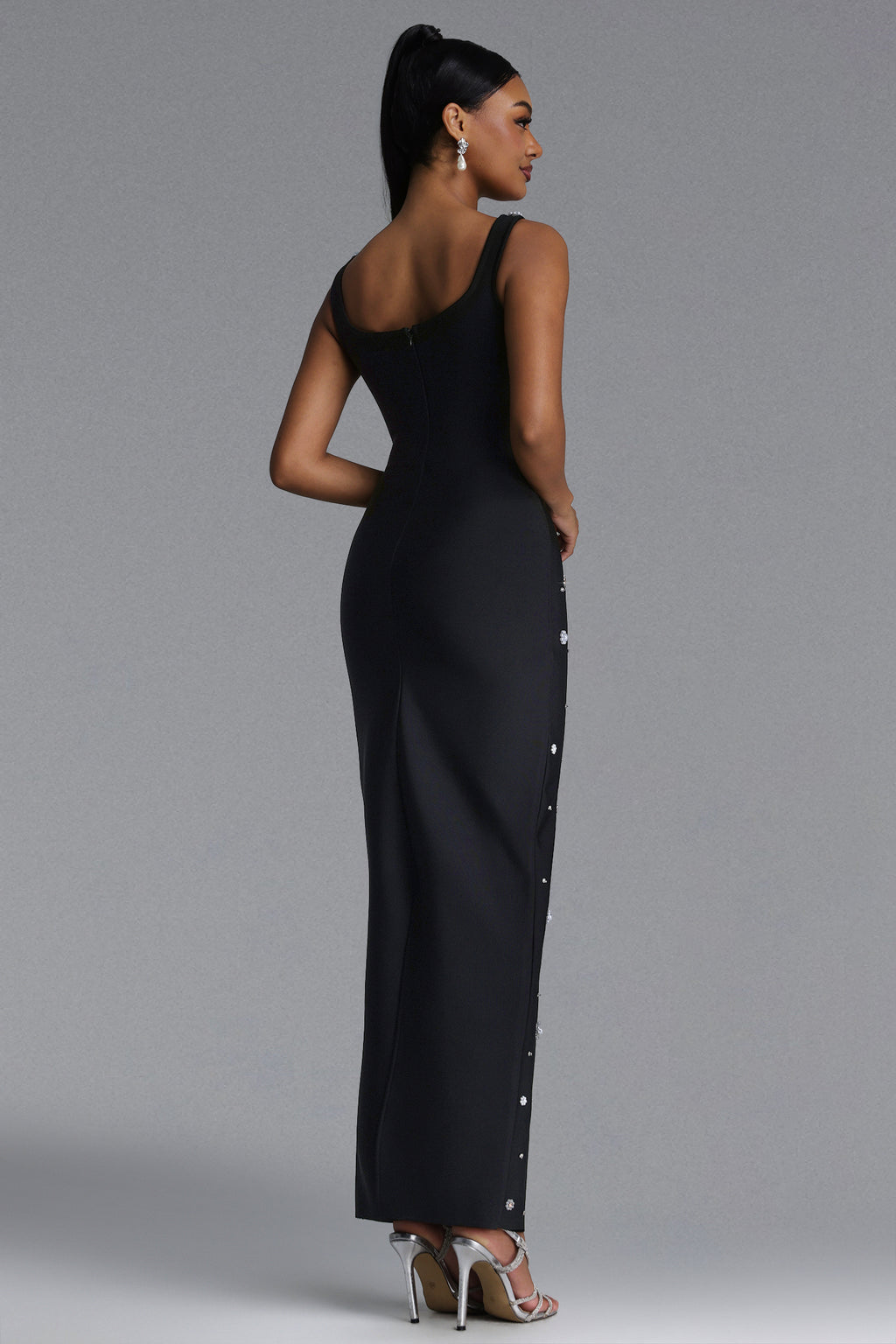 Jellay Glamorous Contour Rhinestone Buttoned Bandage Maxi Dress	