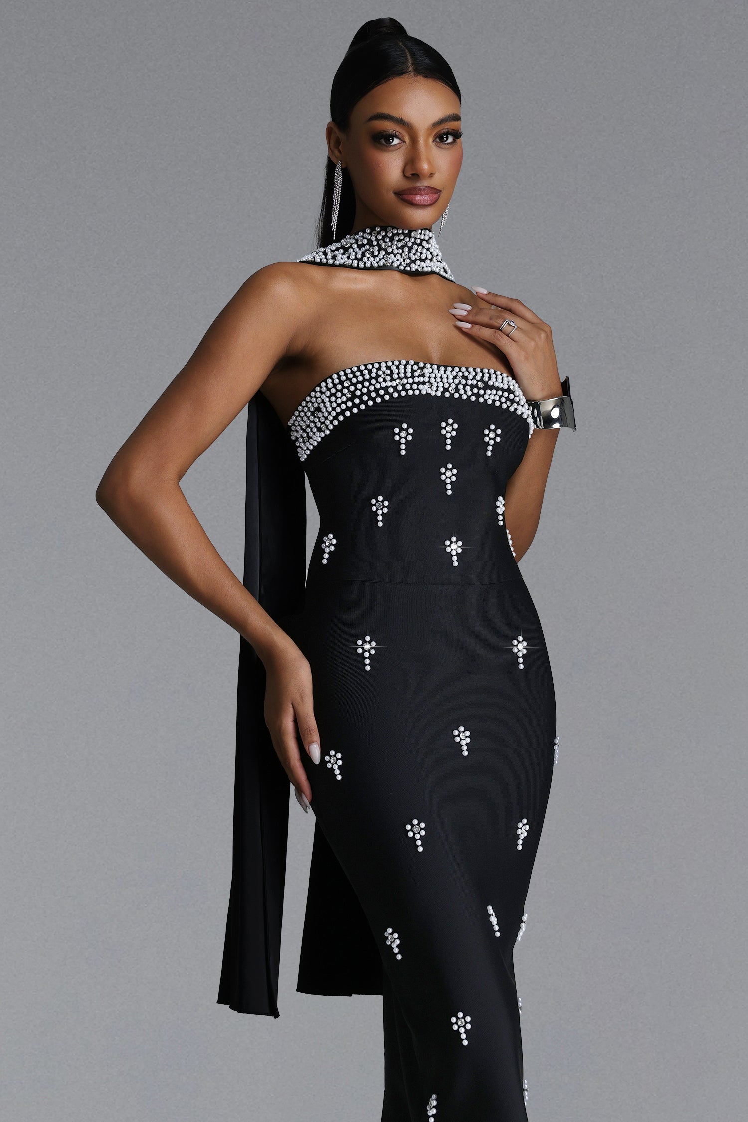 Marina Glamorous Contour Strapless Rhinestone Bandage Maxi Dress	