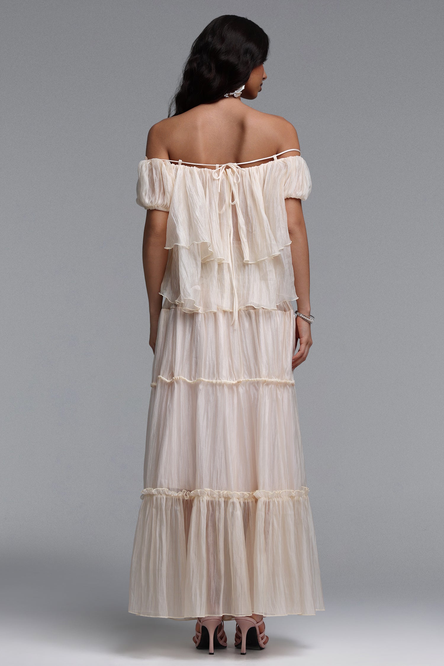 Vanessa Resort Flowy Ruffle Off Shoulder Organza Top and Skirt Two Piece Set	
