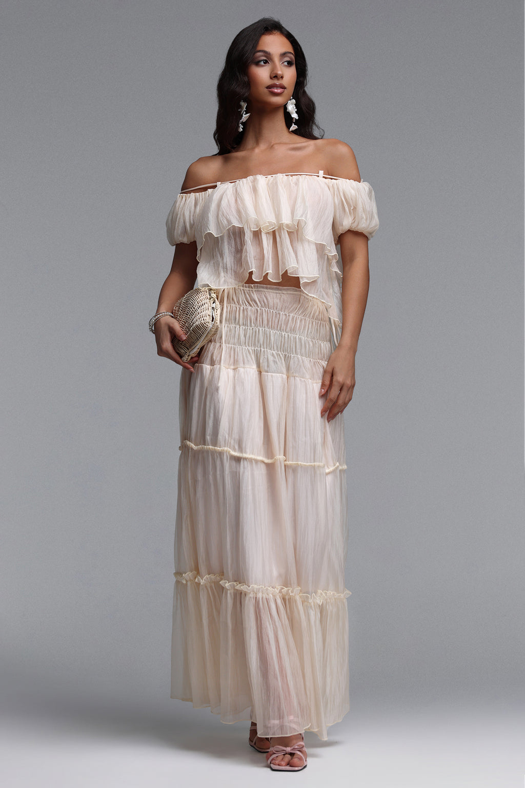 Vanessa Resort Flowy Ruffle Off Shoulder Organza Top and Skirt Two Piece Set	