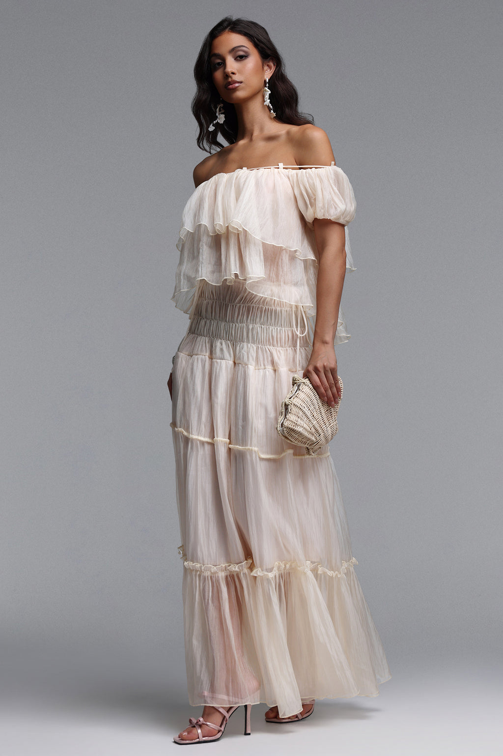 Vanessa Resort Flowy Ruffle Off Shoulder Organza Top and Skirt Two Piece Set	