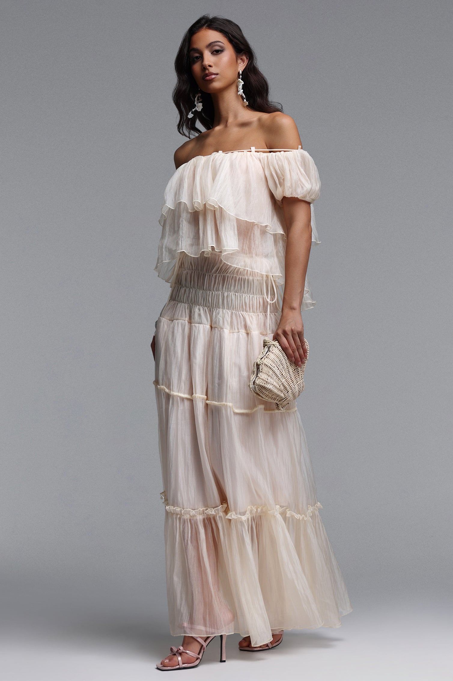 Vanessa Resort Flowy Ruffle Off Shoulder Organza Top and Skirt Two Piece Set	