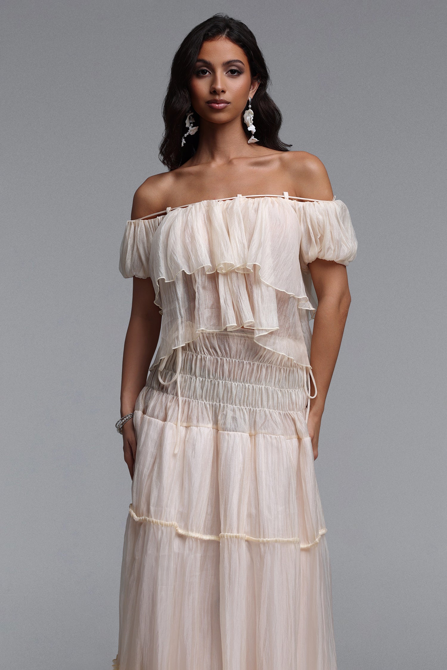 Vanessa Resort Flowy Ruffle Off Shoulder Organza Top and Skirt Two Piece Set	