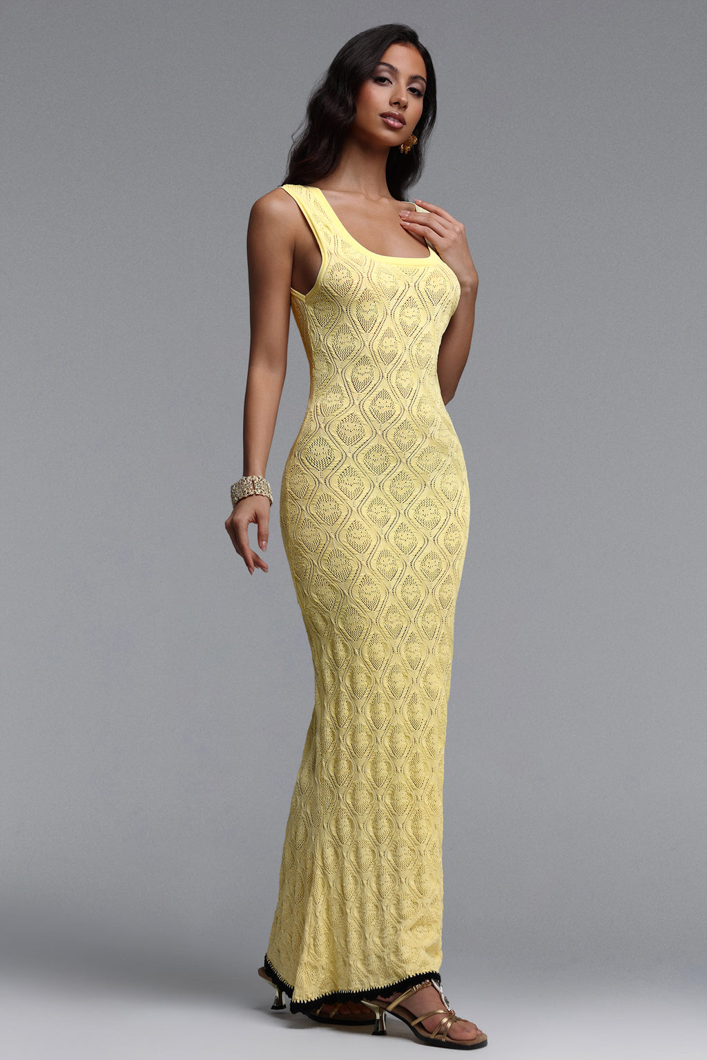 Etta Elegant Contour Sleeveless Knit Yellow Maxi Dress	