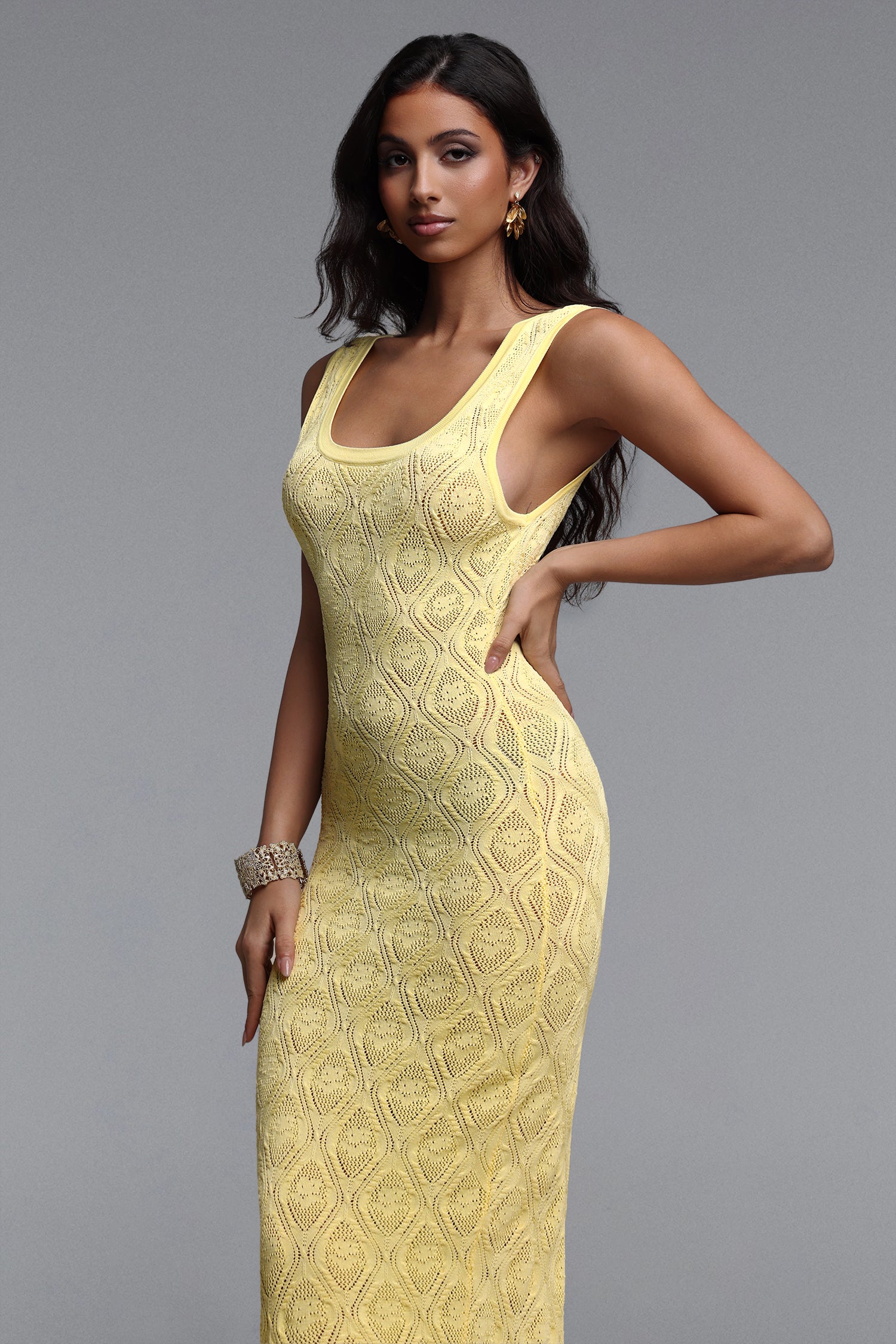 Etta Elegant Contour Sleeveless Knit Yellow Maxi Dress	