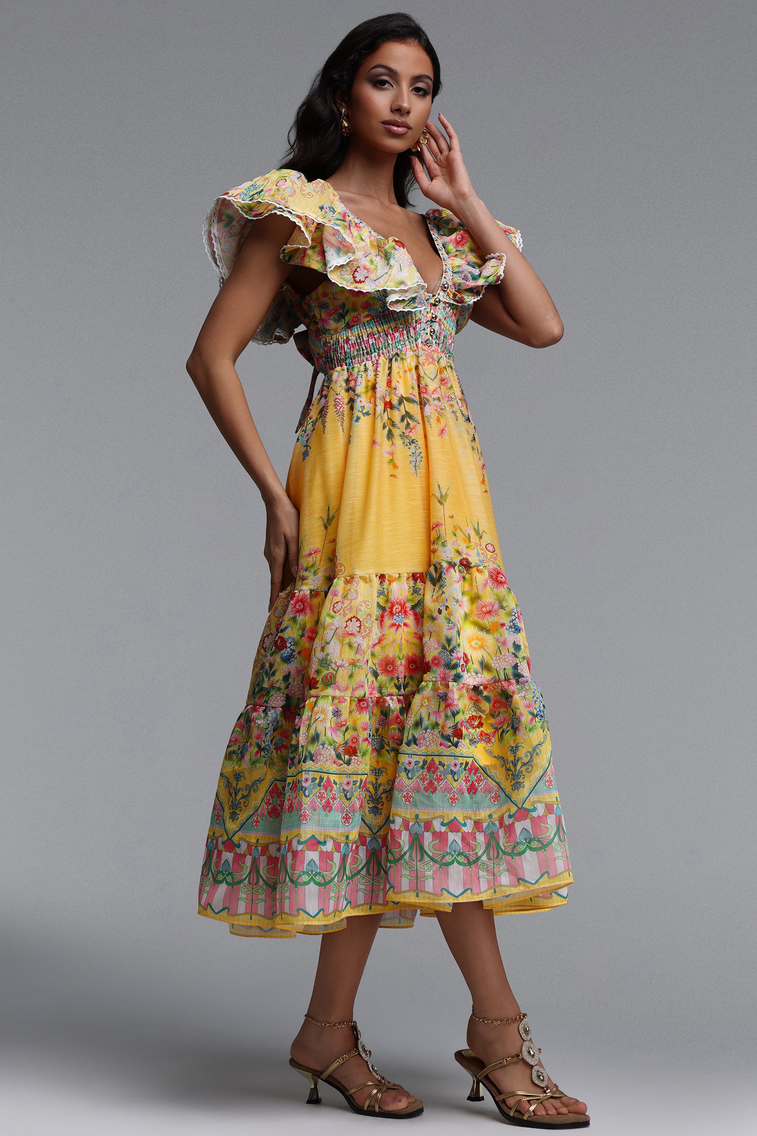 Thyra Resort Flowy Sleeveless Ruffle Floral Print Woven Maxi Dress	