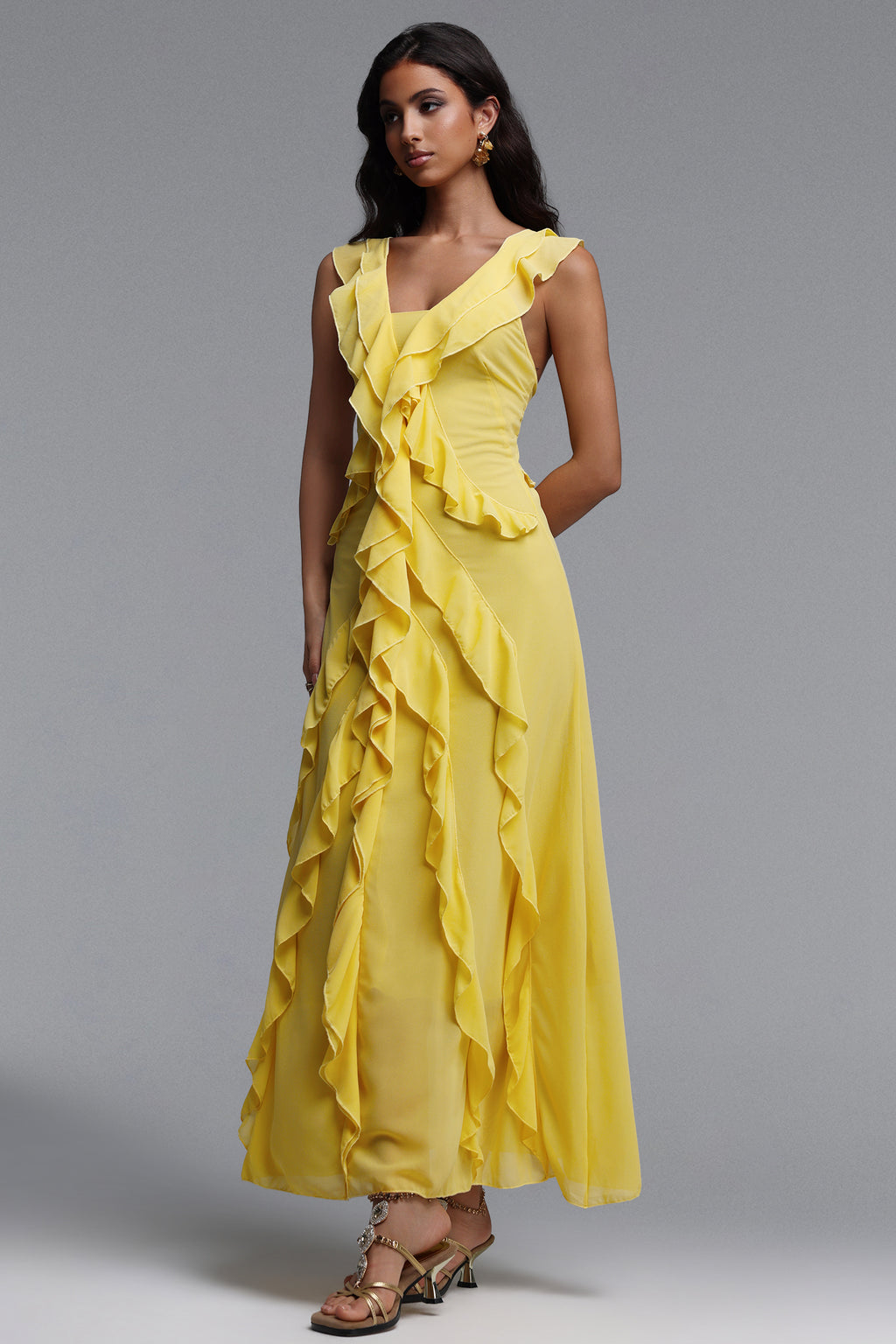 Sabrina Resort Flowy Sleeveless Ruffle Chiffon Maxi Dress	