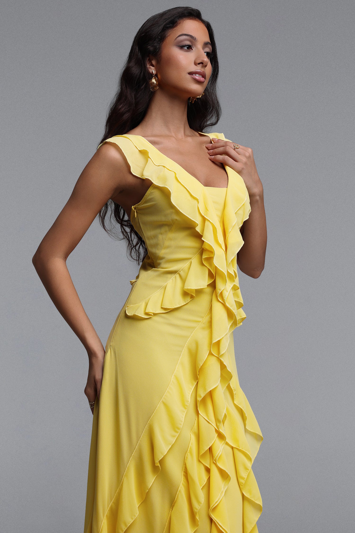 Sabrina Resort Flowy Sleeveless Ruffle Chiffon Maxi Dress	