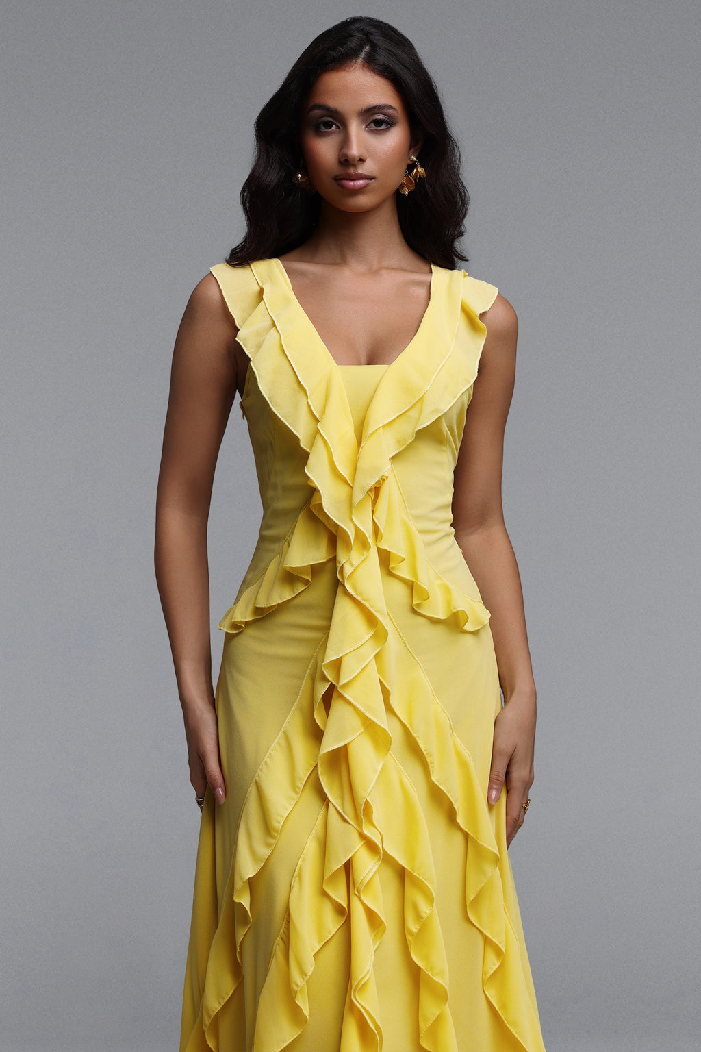 Sabrina Resort Flowy Sleeveless Ruffle Chiffon Maxi Dress	