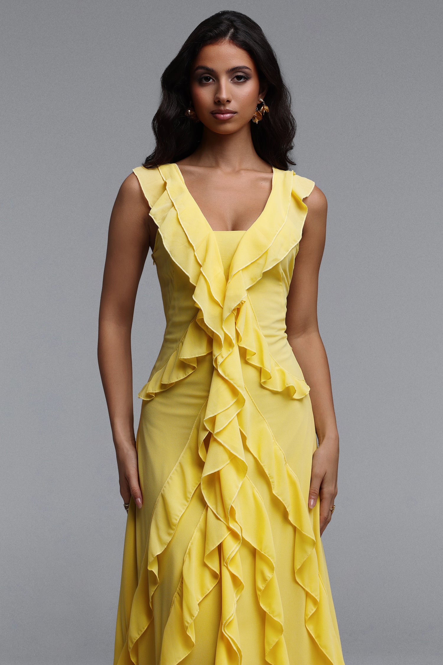 Sabrina Resort Flowy Sleeveless Ruffle Chiffon Maxi Dress	