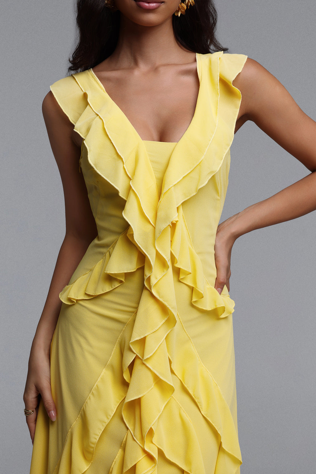Sabrina Resort Flowy Sleeveless Ruffle Chiffon Maxi Dress	