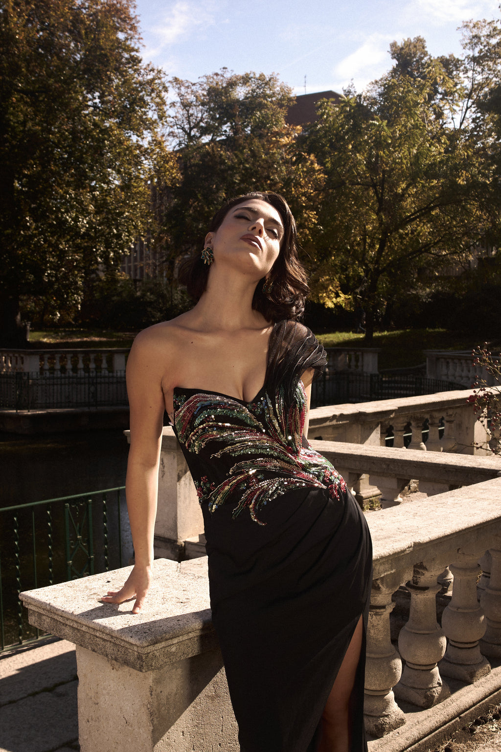 Stolen Strapless Sequin Embroidered Slit Bandage Maxi Dress	