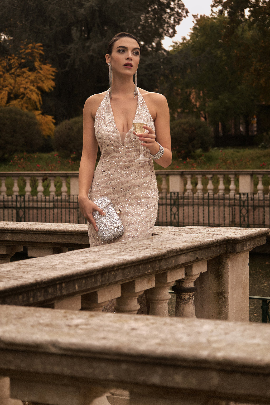 Ibbie Halter Sleeveless V-Neck Diamond Maxi Dress	