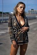 Printed Pearl Blazer Deep V Mini Dress	