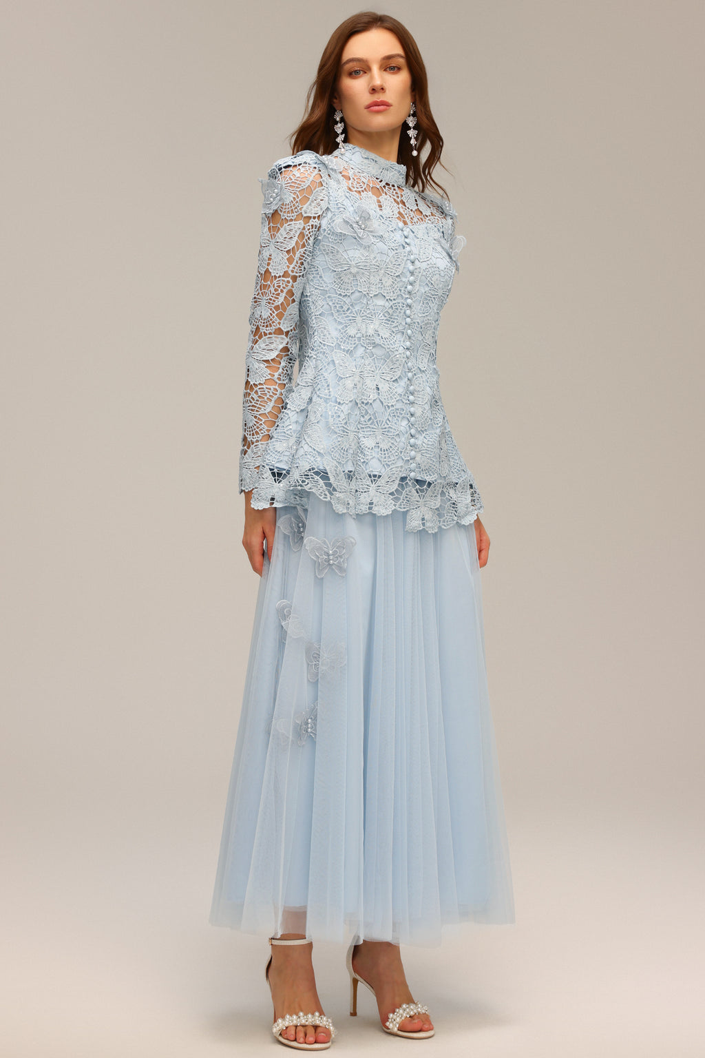 Sabina Long Sleeve Folds Lace Butterfly Top And Skirt Two-Piece Set