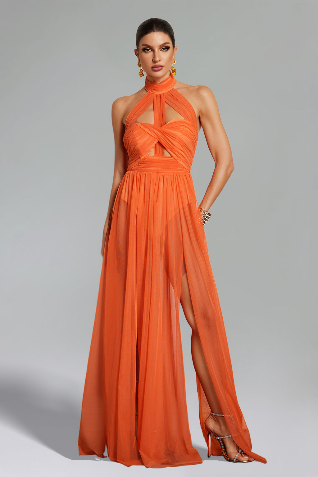 Rivka Halterneck Twist Mesh Maxi Dress	