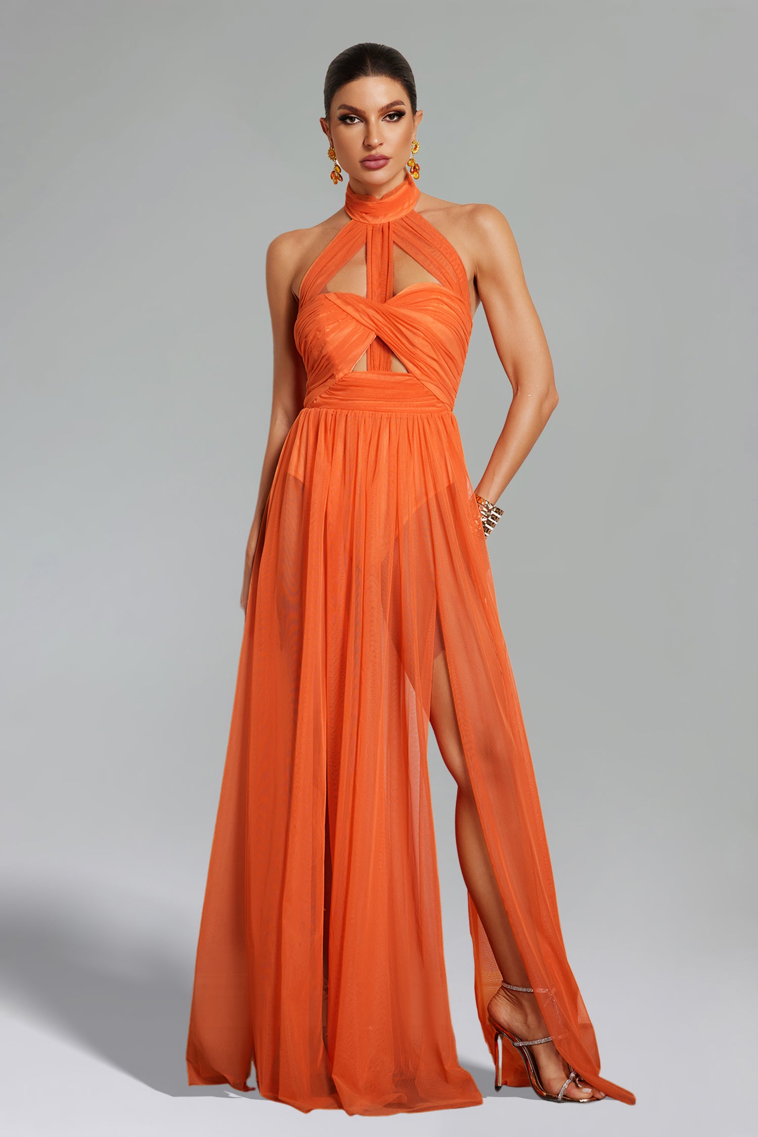 Rivka Halterneck Twist Mesh Maxi Dress	