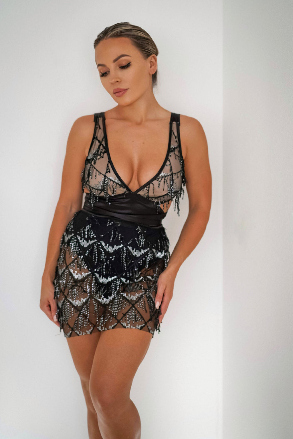 Tassel Fringe Sequin Mini Dress - Black	