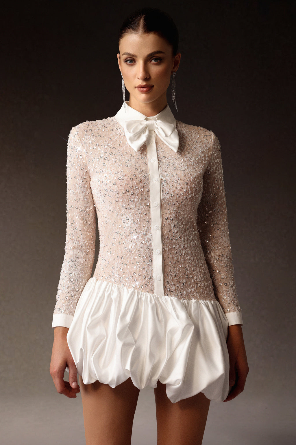 Theodora Long Sleeveless Embroidery Lace Sequin Puff Mini Dress	