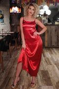 Satin Cowl Neck Maxi Dress - Red
