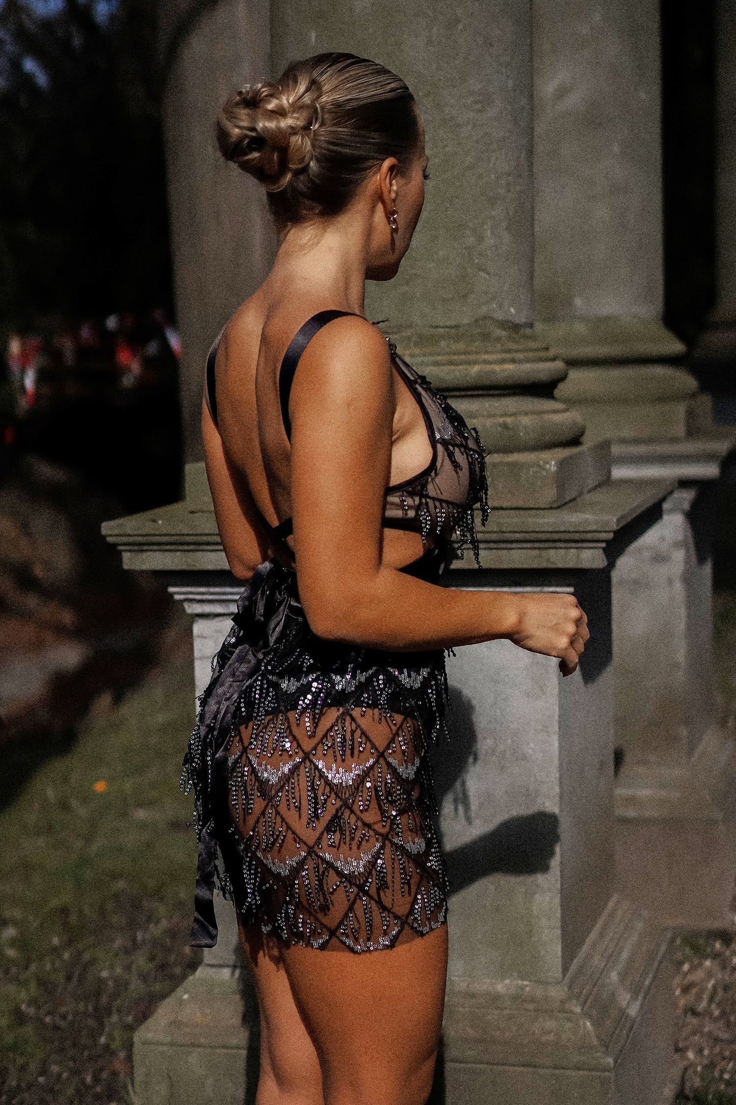 V-neck Beaded Sequin Mini Dress - Black	