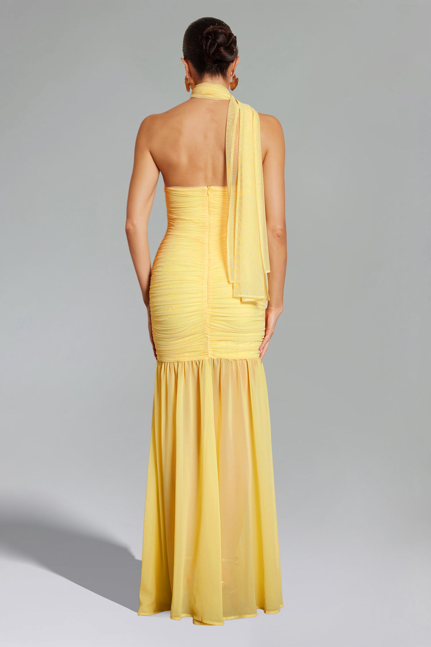 Ulasa Sleeveless Ruched Mesh Maxi Dress	