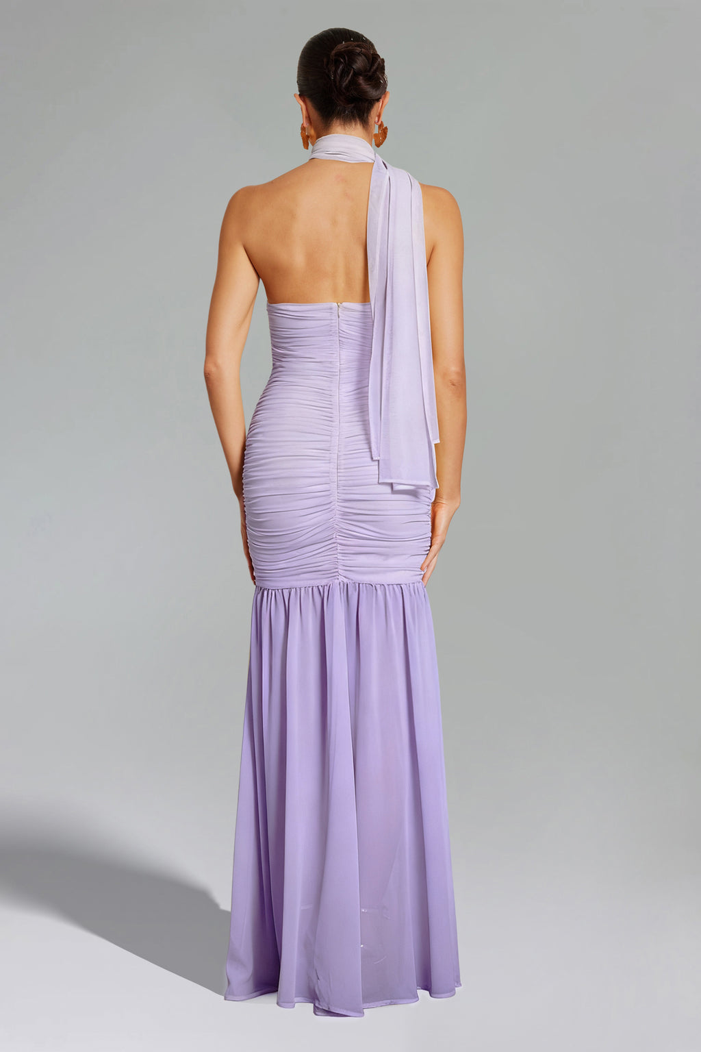 Ulasa Sleeveless Ruched Mesh Purple Maxi Dress	