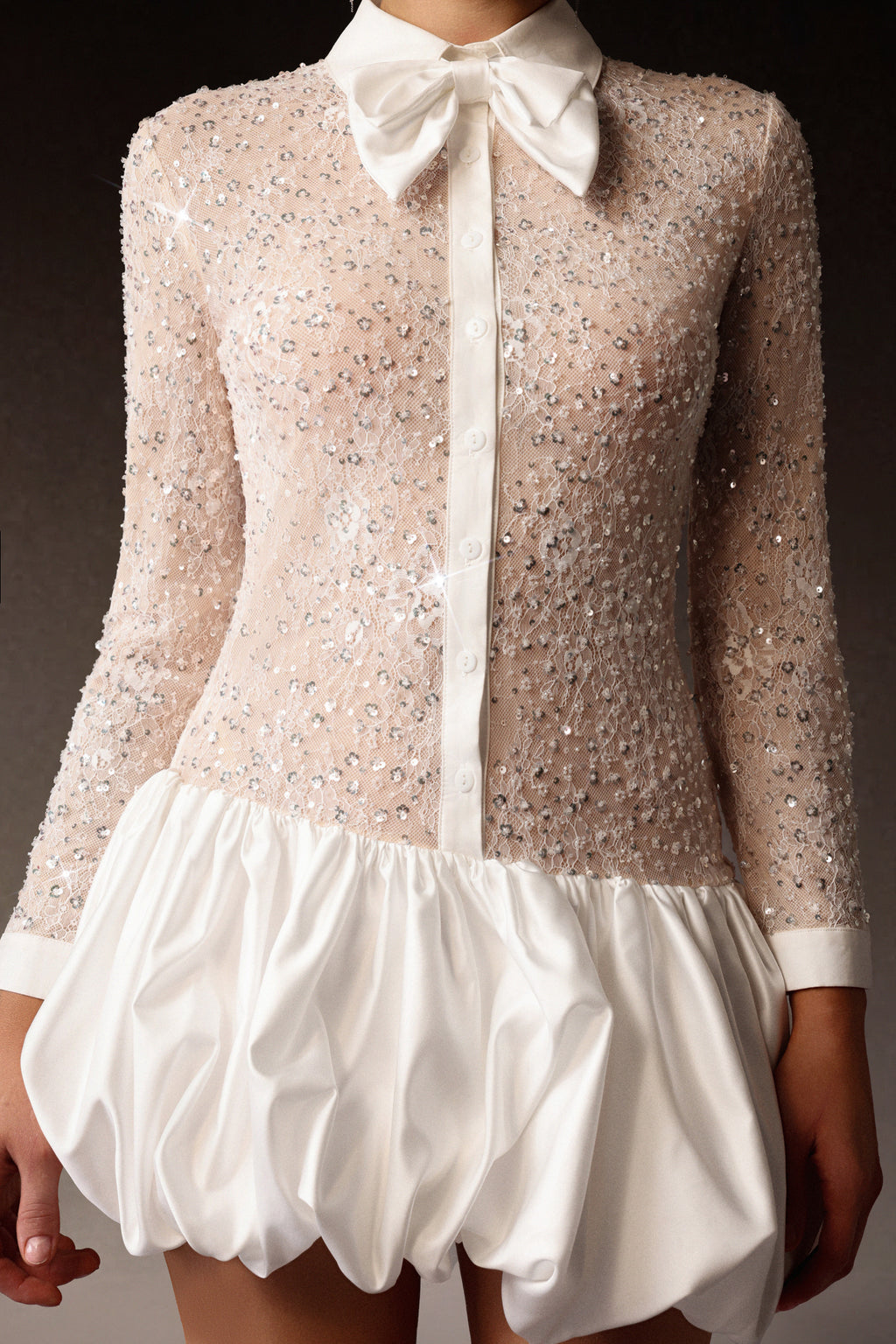 Theodora Long Sleeveless Embroidery Lace Sequin Puff Mini Dress	