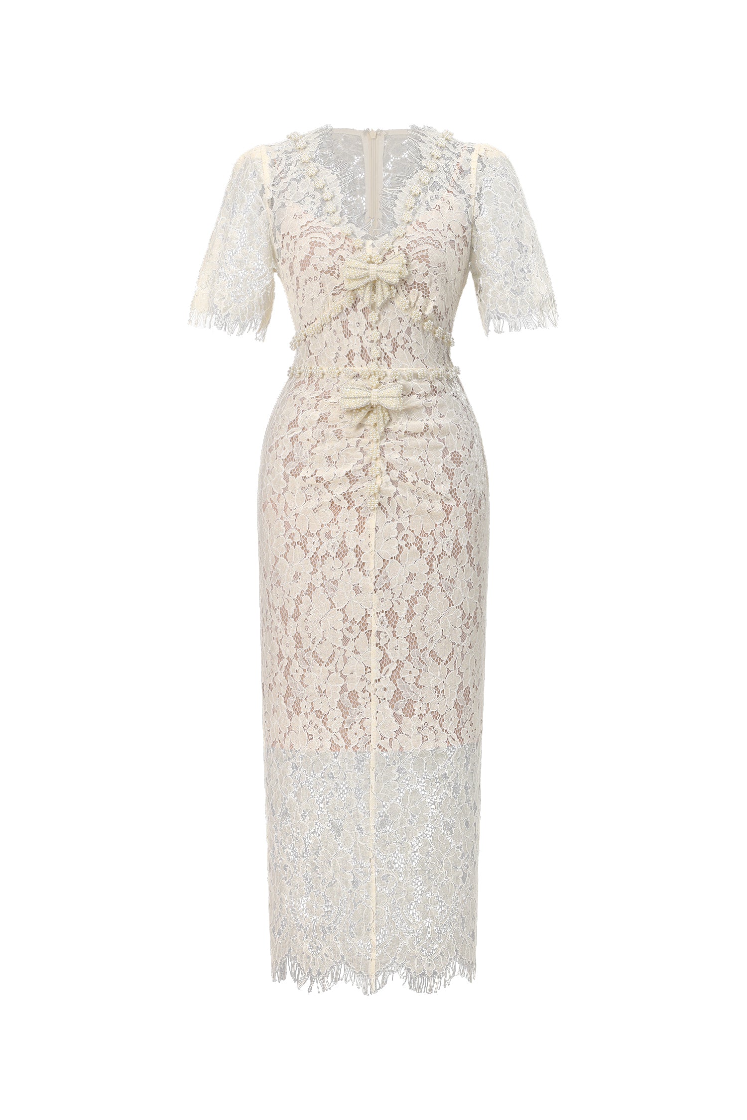 Maisie V-Neck Short Sleeves Bowknot Lace Midi Dress	
