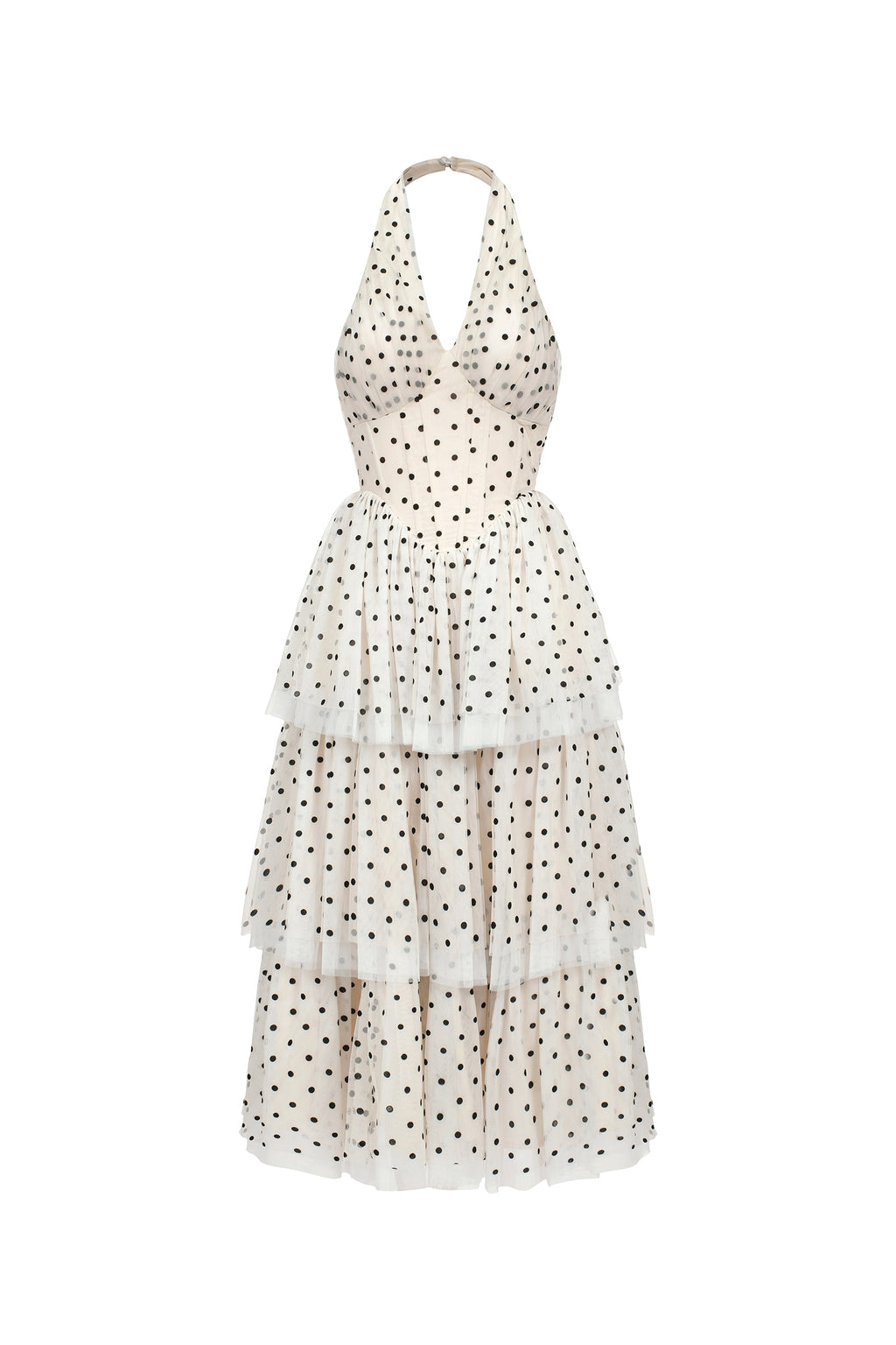 Julieta Sleeveless Dot Printed Layered Folds Midi Dress	