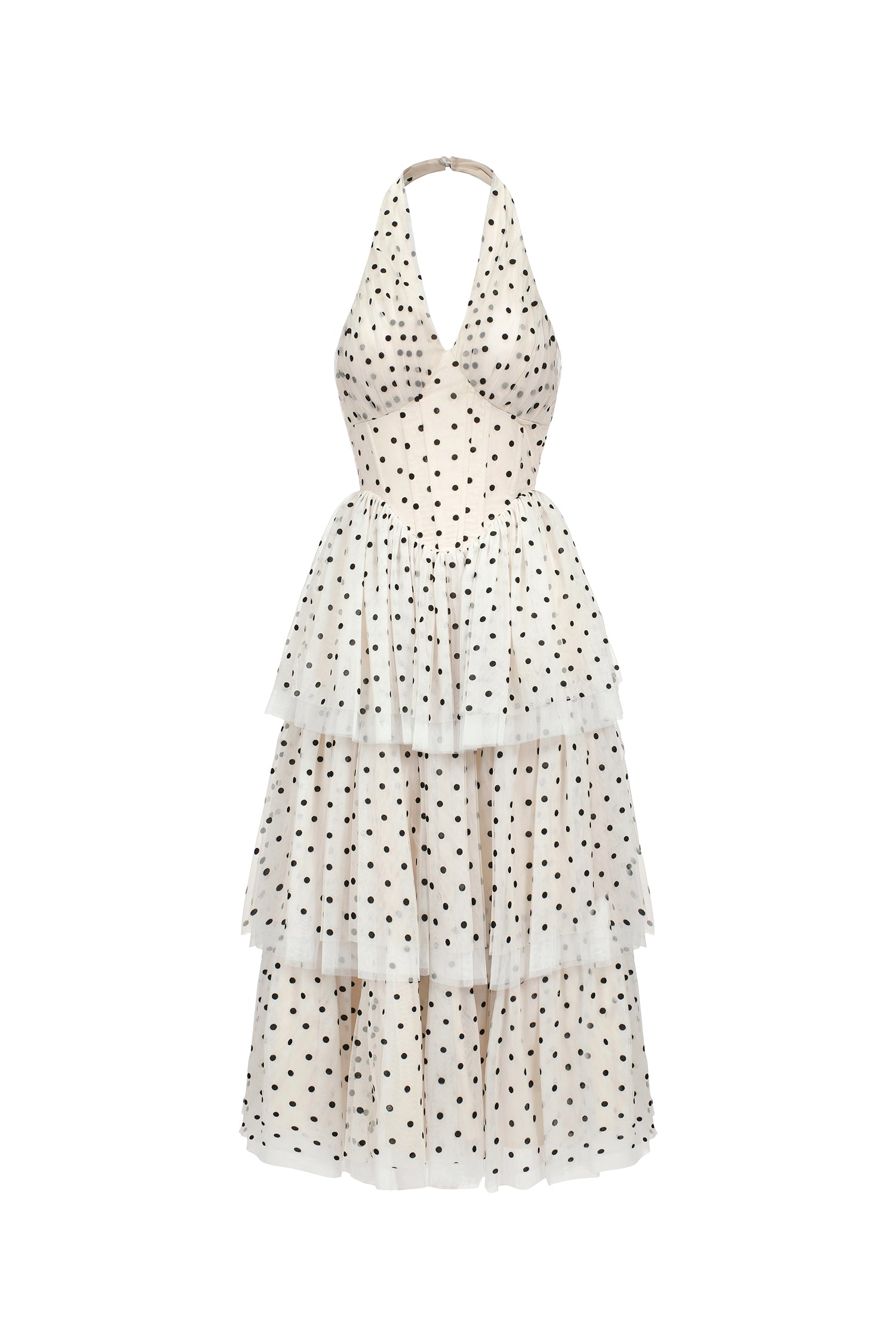 Julieta Sleeveless Dot Printed Layered Folds Midi Dress	