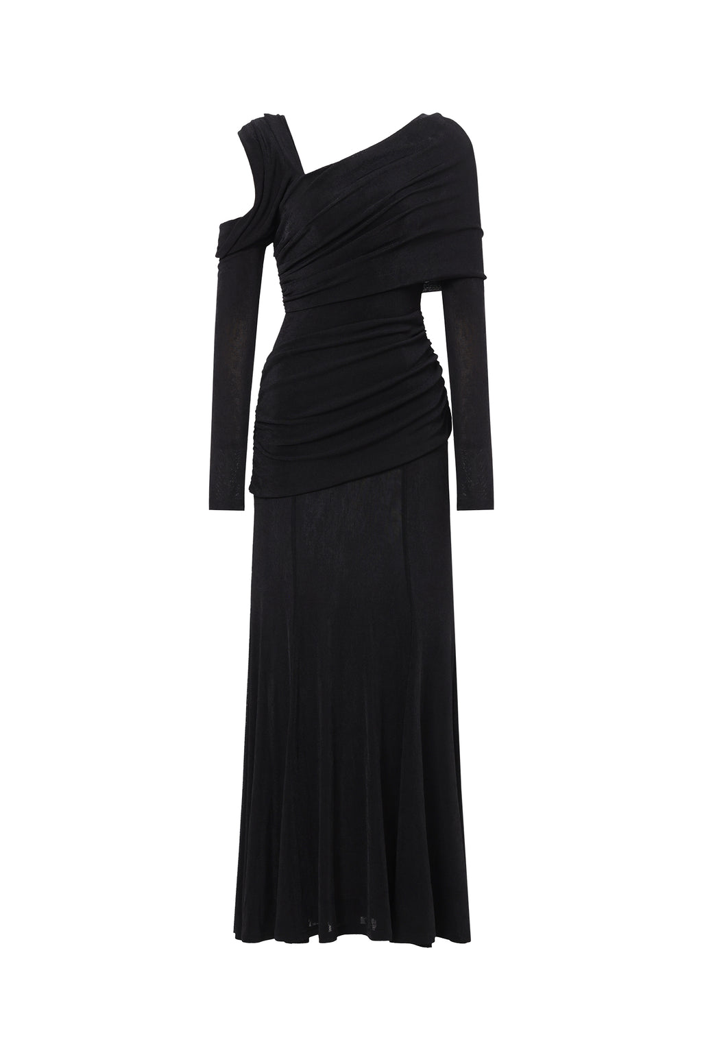 Luysa Elegant Contour One Shoulder Ruched Knit Black Maxi Dress	